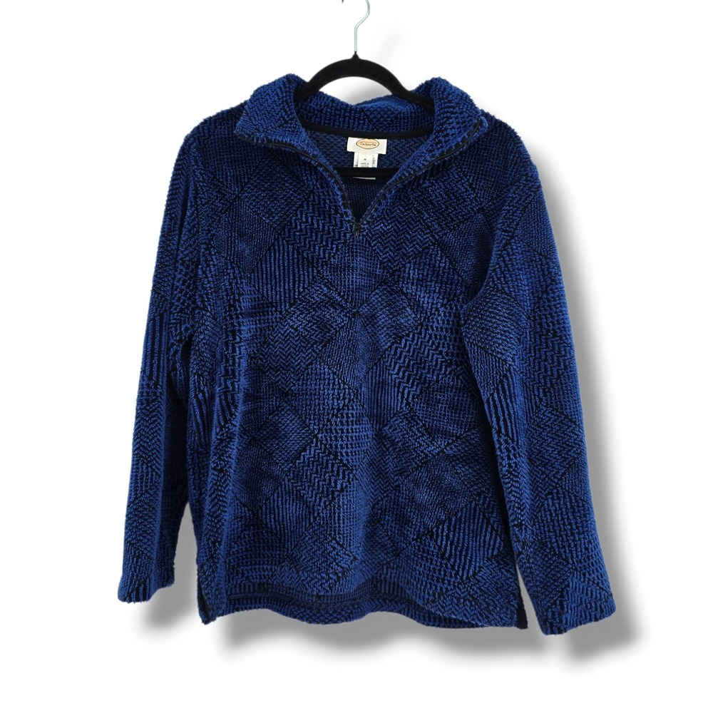 Talbots Womens Blue Black Textured Geometric Fleece Quarter Zip Pullover Medium
